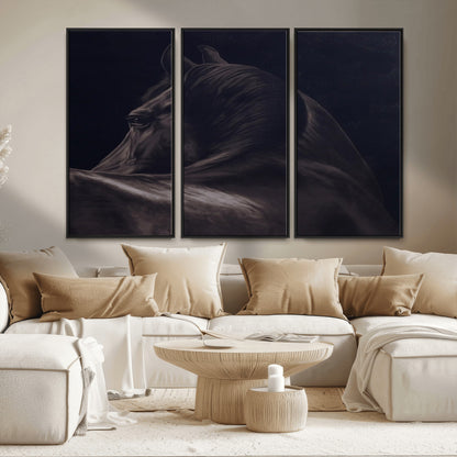 67026880-MGV-CV-36X24-Black Horse Portrait Wall Art Canvas Print, Framed Moody Horse Decor Art Picture Print, Equestrian Wall Style Perfect Masculine