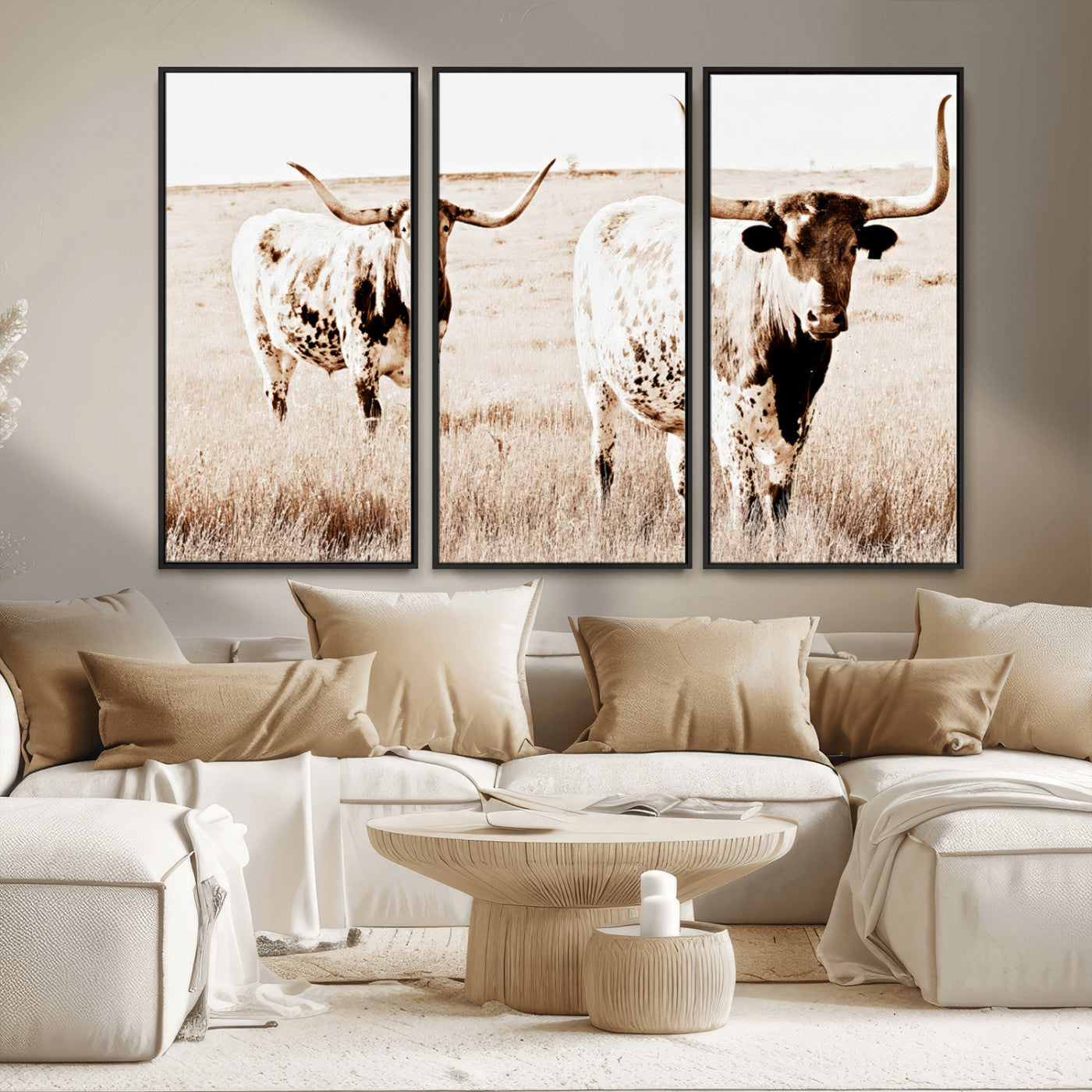 39672786-MGV-CV-36X24-Rustic Cow Scene Wall Art Canvas Print, Framed Farmhouse Style Cattle Art Picture Print, Prairie Animal Duo Perfect Rustic Western