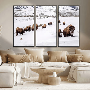 13891210-MGV-CV-36X24-Bison Herd Scene Wall Art Canvas Print, Framed Western Wildlife Decor Art Picture Print, Snowy Mountain Valley Perfect Rustic