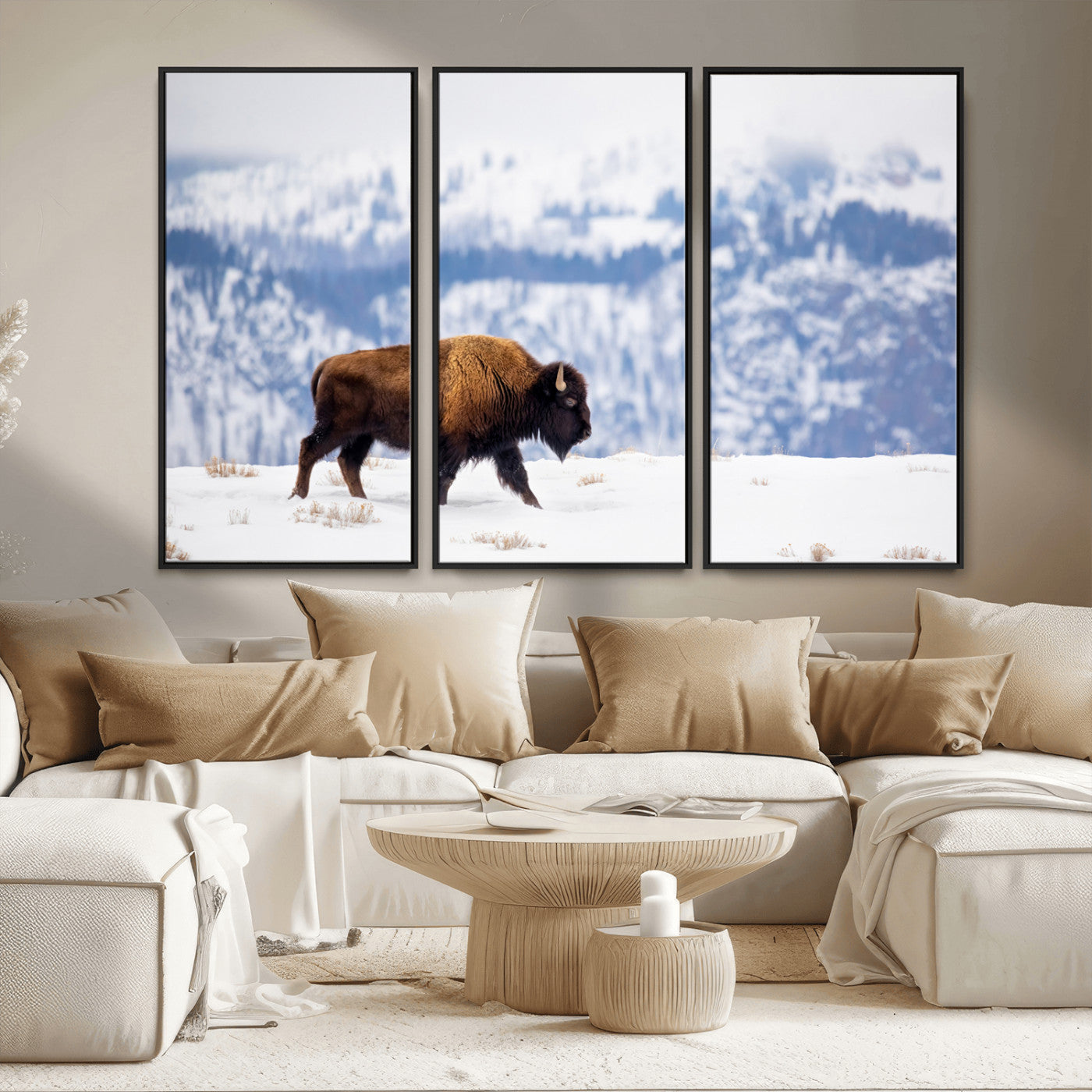 58512275-MGV-FC-48X32-3P_Black-Cowboy Aesthetic Wall Art Canvas Print, Framed Neutral Animal Theme Art Picture Print, Bison Ranch Style Perfect Rustic Western