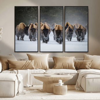 41669135-MGV-CV-36X24-Bison Herd Scene Wall Art Canvas Print, Framed Rustic Wildlife Decor Art Picture Print, Snowy Bison Landscape Perfect Rustic