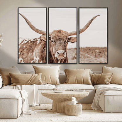 77810049-MGV-CV-36X24-Longhorn Bull Photo Wall Art Canvas Print, Framed Rustic Cow Decor Art Picture Print, Neutral Farmhouse Style Perfect Rustic