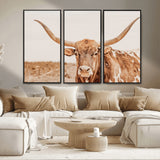 74406977-MGV-CV-36X24-Longhorn Bull Decor Wall Art Canvas Print, Framed Western Cow Theme Art Picture Print, Rustic Farmhouse Wall Perfect Neutral