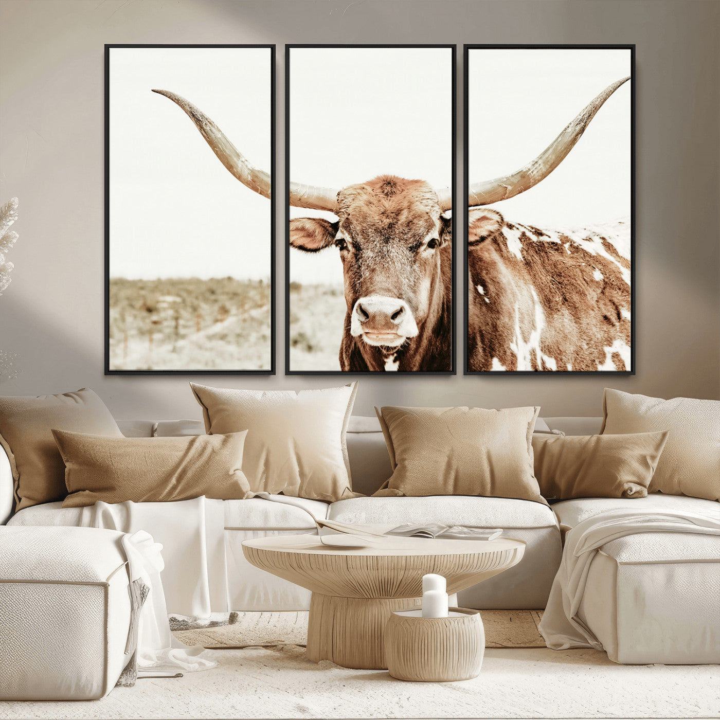 98924580-MGV-FC-48X32-3P_Black-Texas Longhorn Bull Wall Art Canvas Print, Framed Rustic Farmhouse Decor Art Picture Print, Western Animal Theme Perfect Rustic