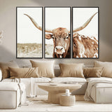98924580-MGV-FC-48X32-3P_Black-Texas Longhorn Bull Wall Art Canvas Print, Framed Rustic Farmhouse Decor Art Picture Print, Western Animal Theme Perfect Rustic