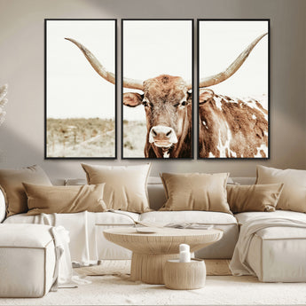 98924580-MGV-FC-48X32-3P_Black-Texas Longhorn Bull Wall Art Canvas Print, Framed Rustic Farmhouse Decor Art Picture Print, Western Animal Theme Perfect Rustic