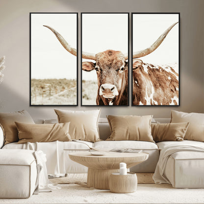 98924580-MGV-FC-48X32-3P_Black-Texas Longhorn Bull Wall Art Canvas Print, Framed Rustic Farmhouse Decor Art Picture Print, Western Animal Theme Perfect Rustic
