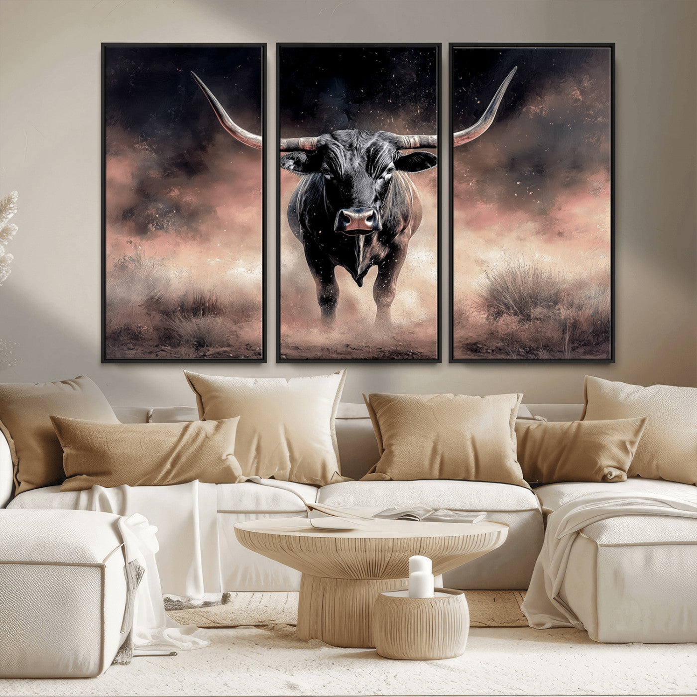 71457818-MGV-FC-48X32-3P_Black-Longhorn Wall Art Wall Art Canvas Print, Framed Western Bull Canvas Art Picture Print, Rustic Cow Decor Perfect Western Dramatic