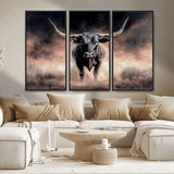 71457818-MGV-FC-48X32-3P_Black-Longhorn Wall Art Wall Art Canvas Print, Framed Western Bull Canvas Art Picture Print, Rustic Cow Decor Perfect Western Dramatic