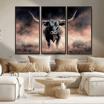 71457818-MGV-FC-48X32-3P_Black-Longhorn Wall Art Wall Art Canvas Print, Framed Western Bull Canvas Art Picture Print, Rustic Cow Decor Perfect Western Dramatic