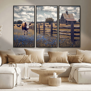 22296025-MGV-FC-48X32-3P_Black-Texas Longhorn Canvas Wall Art Canvas Print, Framed Rustic Barn Wall Art Art Picture Print, Farmhouse Cow Decor Perfect Rustic