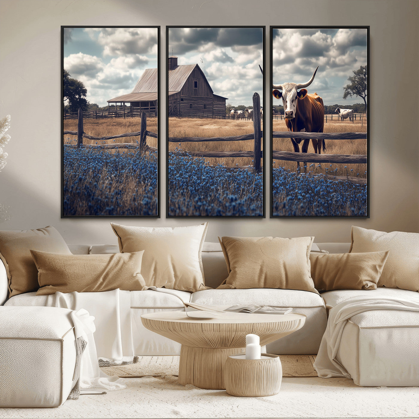 51092814-MGV-FC-48X32-3P_Black-Texas Longhorn Wall Art Wall Art Canvas Print, Framed Rustic Barn Canvas Art Picture Print, Farmhouse Cow Decor Perfect Rustic