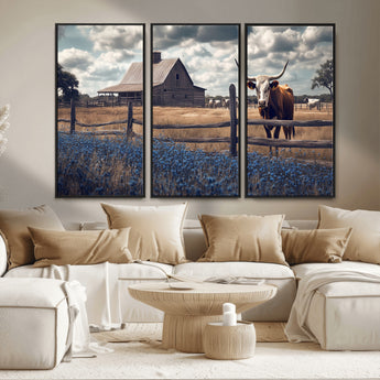 51092814-MGV-FC-48X32-3P_Black-Texas Longhorn Wall Art Wall Art Canvas Print, Framed Rustic Barn Canvas Art Picture Print, Farmhouse Cow Decor Perfect Rustic