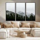 55968349-MGV-FC-48X32-3P_Black-Misty Mountains Wall Art Canvas Print, Framed Foggy Forest Art Picture Print, Snowy Peaks Perfect Moody Wilderness Decor Artwork