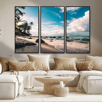 95301406-MGV-FC-48X32-3P_Black-Tropical Beach Wall Art Canvas Print, Framed Ocean Waves Art Picture Print, Relazxing Seascape Perfect Tropical Coastal Decor