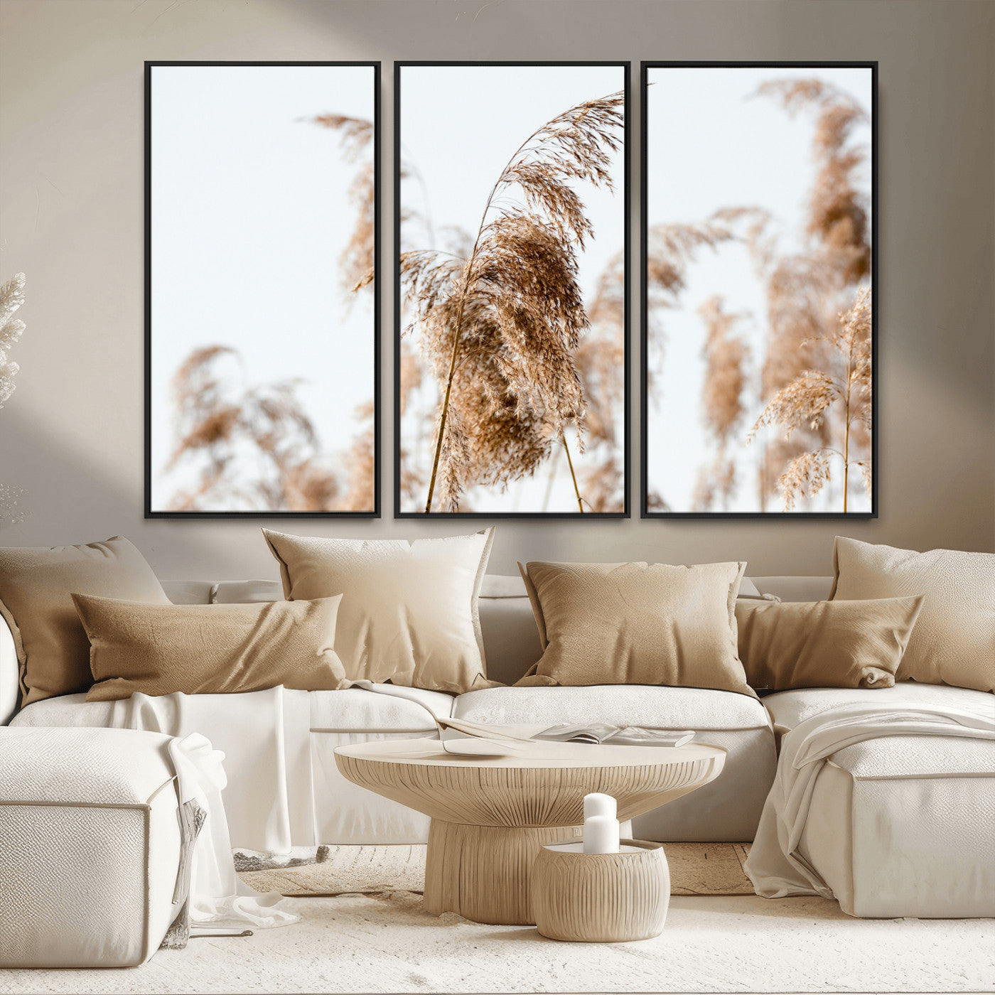 17019393-MGV-CV-36X24-Pampas Grass Wall Art Canvas Print, Framed Neutral Tones Art Picture Print, Minimalist Nature Perfect Boho Minimalist Decor