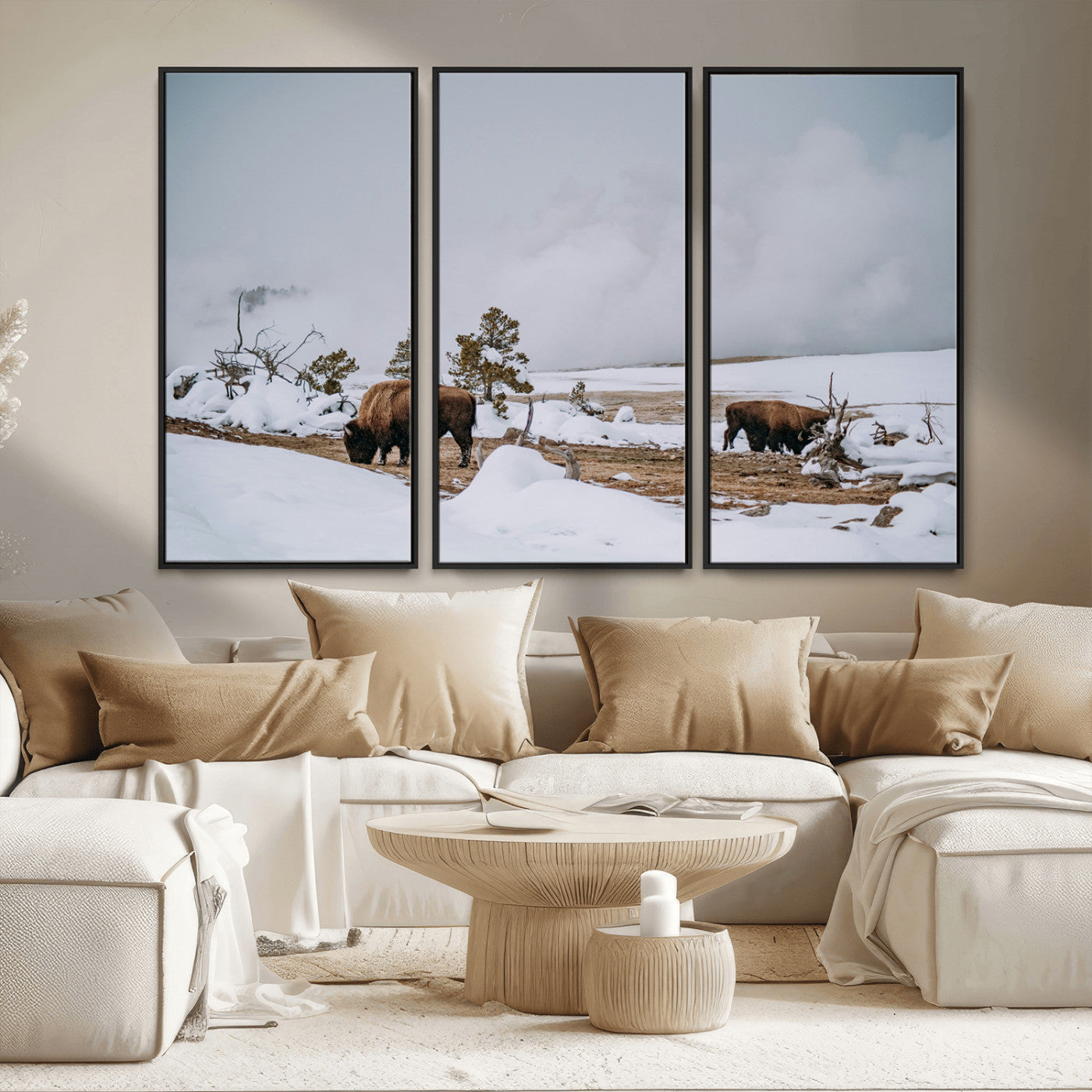 60308289-MGV-CV-36X24-Bison Wildlife Wall Art Canvas Print, Framed Snowy Prairie Art Picture Print, Western Landscape Perfect Rustic Winter Decor