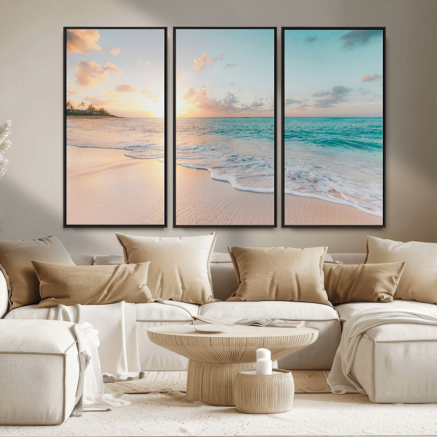 94538225-MGV-FC-48X32-3P_Black-Beach Sunset Wall Art Canvas Print, Framed Ocean Waves Art Picture Print, Summer Escape Perfect Coastal Serenity Decor Artwork