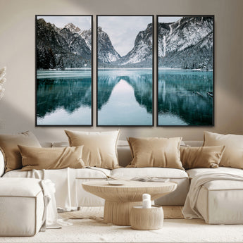 73098373-MGV-CV-36X24-Mountain Lake Wall Art Canvas Print, Framed Winter Wonderland Art Picture Print, Snowy Peaks Perfect Modern Nature Decor Artwork