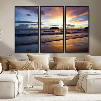36714356-MGV-FC-48X32-3P_Black-Beach Sunset Wall Art Canvas Print, Framed Ocean Waves Art Picture Print, Tropical Seascape Perfect Coastal Serenity Decor Artwork