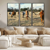 39144651-MGV-CV-36X24-Texas Longhorns Wall Art Canvas Print, Framed Rustic Farm Scene Art Picture Print, Western Cattle Perfect Rustic Farmhouse Decor