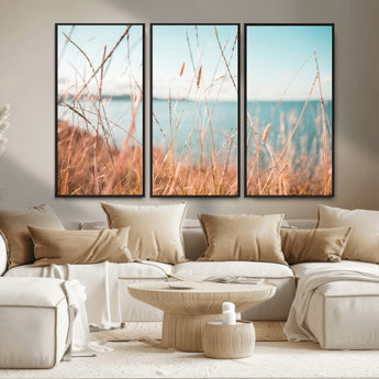 36108696-MGV-FC-48X32-3P_Black-Coastal Grass Wall Art – Serene Ocean View Canvas Print, Beach Nature Photography Decor for Living Room, Bedroom, Office or Modern