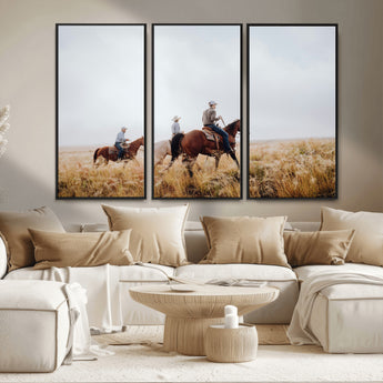 94723307-MGV-CV-36X24-Western Cowboys Wall Art Canvas Print, Framed Rustic Prairie Art Picture Print, Horseback Riding Perfect Rustic Western Decor