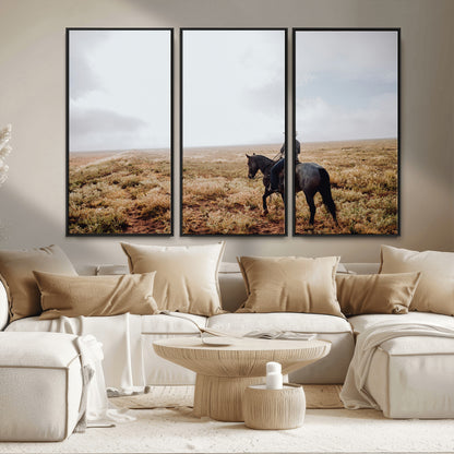 57597730-MGV-FC-48X32-3P_Black-Cowboy Wall Art Wall Art Canvas Print, Framed Western Canvas Art Picture Print, Rustic Ranch Scene Perfect Rustic Western Decor