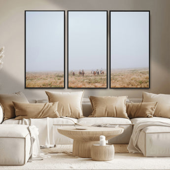 14761944-MGV-FC-48X32-3P_Black-Foggy Plains Wall Art Canvas Print, Framed Horseback Riders Art Picture Print, Rustic Western Perfect Rustic Western Decor Artwork