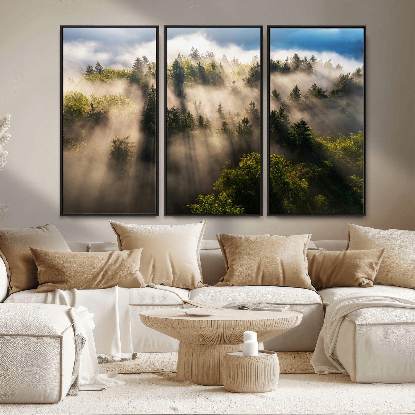 14785710-MGV-CV-36X24-Tranquil Forest Scene Wall Art Canvas Print, Framed Sunbeam Through Trees Art Picture Print, Moody Green Wall Art Perfect