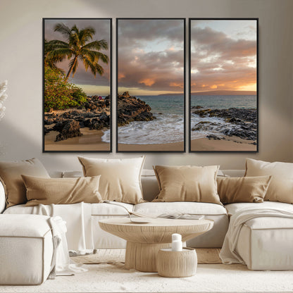 55108220-MGV-FC-48X32-3P_Black-Tropical Beach Wall Art Canvas Print, Framed Hawaiian Sunset Art Picture Print, Ocean Waves Perfect Coastal Tropical Decor Artwork