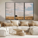 22754563-MGV-FC-48X32-3P_Black-Earthy Tones Wall Art Canvas Print, Framed Rustic Nature Art Picture Print, Solitary Buffalo Perfect Western Minimalist Decor