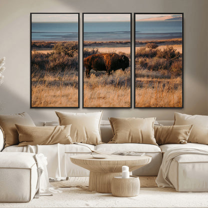 39509187-MGV-CV-36X24-Western Wildlife Wall Art Canvas Print, Framed Bison Art Picture Print, Golden Hour Perfect Western Rustic Decor Artwork