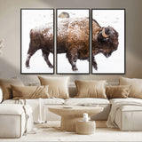 94261165-MGV-FC-48X32-3P_Black-Snowy Buffalo Wall Art Canvas Print, Framed Wildlife Photography Art Picture Print, Brown Tones Perfect Rustic Lodge Decor Decor