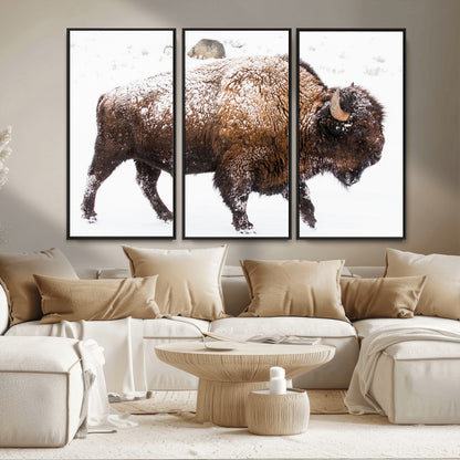 94261165-MGV-FC-48X32-3P_Black-Snowy Buffalo Wall Art Canvas Print, Framed Wildlife Photography Art Picture Print, Brown Tones Perfect Rustic Lodge Decor Decor