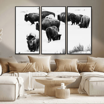 18914414-MGV-CV-36X24-Buffalo Herd Wall Art Canvas Print, Framed Black and White Art Picture Print, Snowy Landscape Perfect Rustic Lodge Decor Decor