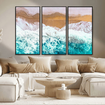 26870666-MGV-CV-36X24-Aerial Beach Wall Art Canvas Print, Framed Ocean Waves Art Picture Print, Coastal Landscape Perfect Coastal Minimalist Decor