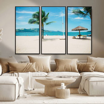 42623350-MGV-FC-48X32-3P_Black-Tropical Beach Wall Art Canvas Print, Framed Palm Tree Art Picture Print, Ocean View Perfect Tropical Coastal Decor Artwork