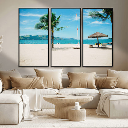 42623350-MGV-FC-48X32-3P_Black-Tropical Beach Wall Art Canvas Print, Framed Palm Tree Art Picture Print, Ocean View Perfect Tropical Coastal Decor Artwork