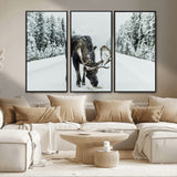 13316292-MGV-FC-48X32-3P_Black-Moose in Snow Wall Art Canvas Print, Framed Winter Wildlife Art Picture Print, Snowy Forest Scene Perfect Rustic Lodge Decor