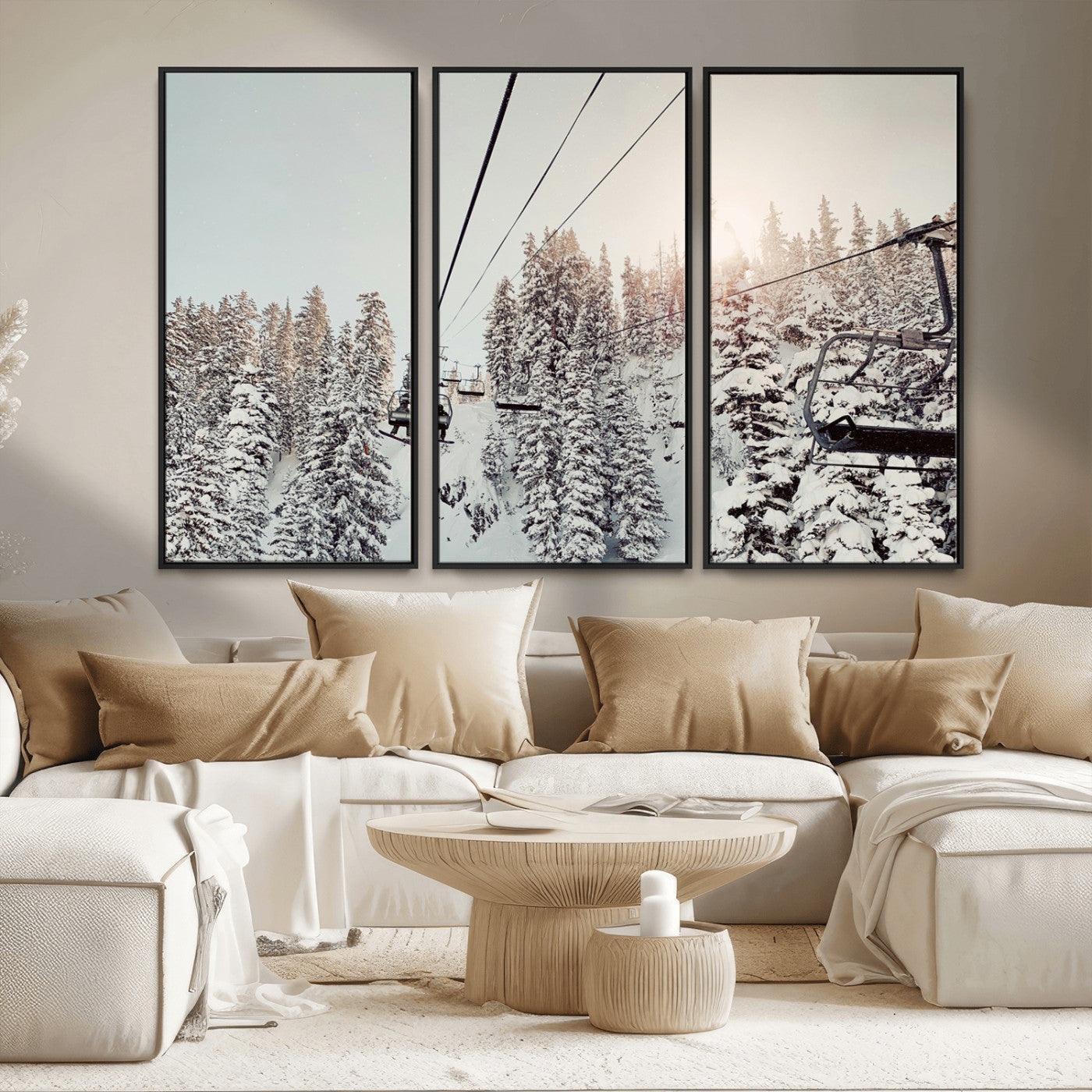 91534512-MGV-CV-36X24-Frosty Pines Wall Art Canvas Print, Framed Cozy Cabin View Art Picture Print, Ski Lift Ride Perfect Rustic Lodge Decor Artwork