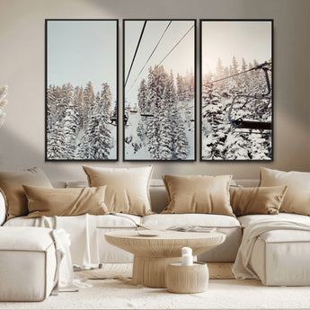 91534512-MGV-CV-36X24-Frosty Pines Wall Art Canvas Print, Framed Cozy Cabin View Art Picture Print, Ski Lift Ride Perfect Rustic Lodge Decor Artwork