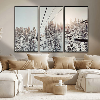 91534512-MGV-CV-36X24-Frosty Pines Wall Art Canvas Print, Framed Cozy Cabin View Art Picture Print, Ski Lift Ride Perfect Rustic Lodge Decor Artwork