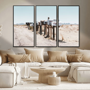 54616109-MGV-FC-48X32-3P_Black-Desert Mailboxes Wall Art – Rustic Rural Roadside Photography Canvas Print, American Southwest Landscape Home Decor for Living