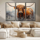 X61001-MGV-FC-48X32-3P_Black-Scottish Highland Wall Art Canvas Print, Framed Longhorn Art Picture Print, Western Cow Perfect Farmhouse Decor Artwork