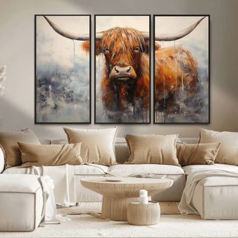 X61001-MGV-FC-48X32-3P_Black-Scottish Highland Wall Art Canvas Print, Framed Longhorn Art Picture Print, Western Cow Perfect Farmhouse Decor Artwork