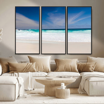 55017356-MGV-FC-48X32-3P_Black-Ocean Beach Wall Art – Turquoise Wave and White Sand Shoreline Canvas Print, Coastal Seascape Photography Decor for Living Room,