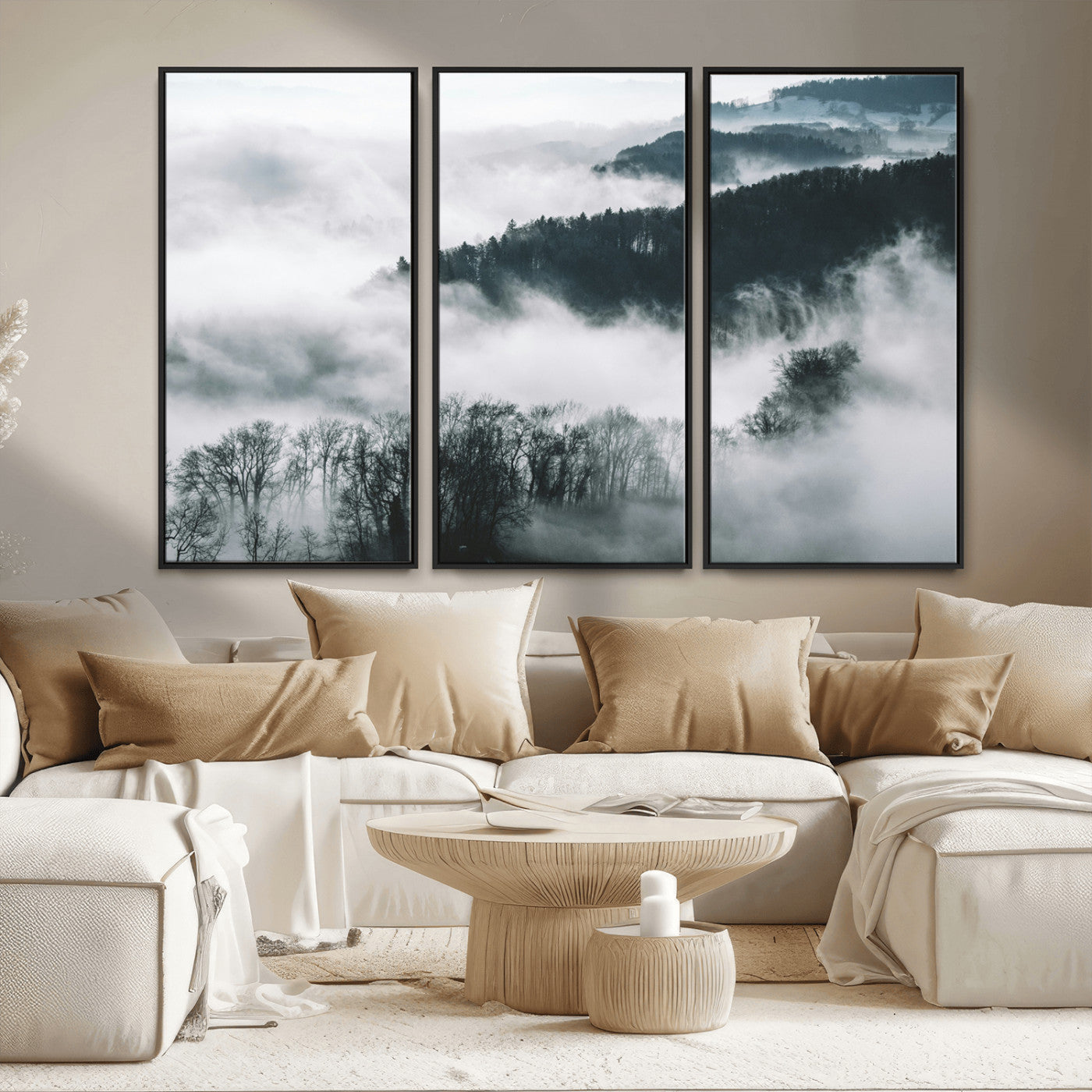 67569654-MGV-FC-48X32-3P_Black-Foggy Forest Wall Art – Mist Covered Hills and Trees Landscape Canvas Print, Moody Nature Photography Decor for Living Room,