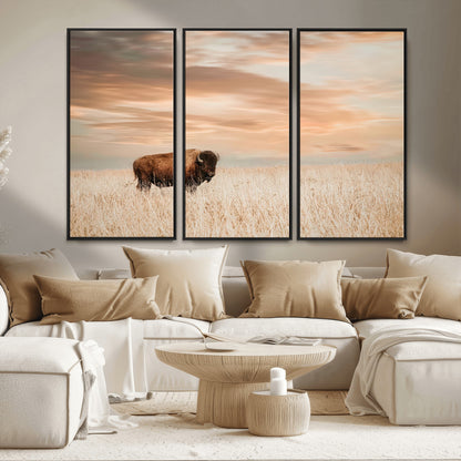 20306324-MGV-CV-36X24-Bison Wall Art – Lone American Buffalo Prairie Sunset Canvas Print, Rustic Western Wildlife Photography Decor for Living Room,