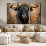 91615410-MGV-FC-48X32-3P_Black-Bull Wall Art – Rustic Western Longhorn Canvas Print, Powerful Abstract Animal Painting, Farmhouse Ranch Decor for Living Room,